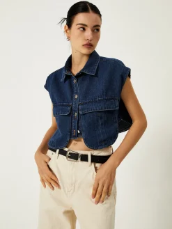 Denim Pockets Turn Down Collar Vest Outerwear|Vests