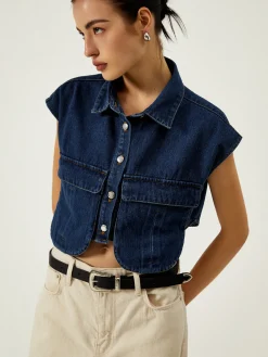 Denim Pockets Turn Down Collar Vest Outerwear|Vests