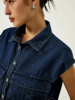 Denim Pockets Turn Down Collar Vest Outerwear|Vests