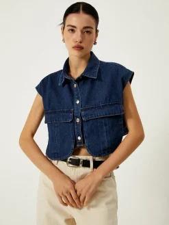 Denim Pockets Turn Down Collar Vest Outerwear|Vests
