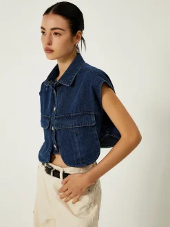 Denim Pockets Turn Down Collar Vest Outerwear|Vests