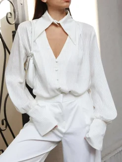 Detachable Collar Button Down Pinstripe Shirt Blouses & Shirts|Tops