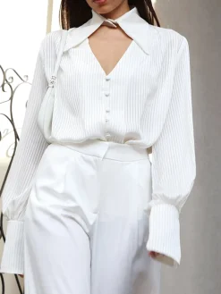Detachable Collar Button Down Pinstripe Shirt Blouses & Shirts|Tops