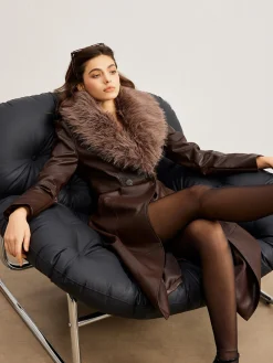 Online Detachable Fuzzy Collar Faux Leather Long Jacket Outerwear|Jackets