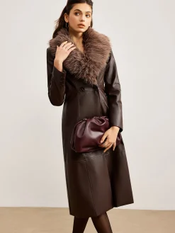 Online Detachable Fuzzy Collar Faux Leather Long Jacket Outerwear|Jackets