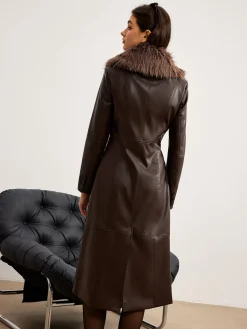 Online Detachable Fuzzy Collar Faux Leather Long Jacket Outerwear|Jackets