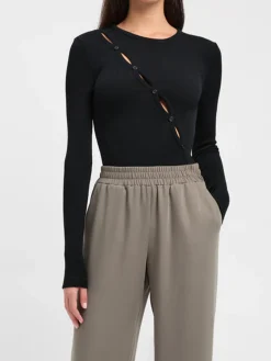 Online Diagonal Buttoned Keyhole Long Sleeve Top Sweater Tops|T-shirts