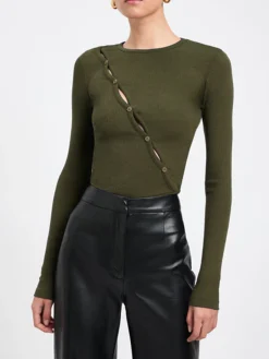 Online Diagonal Buttoned Keyhole Long Sleeve Top Sweater Tops|T-shirts