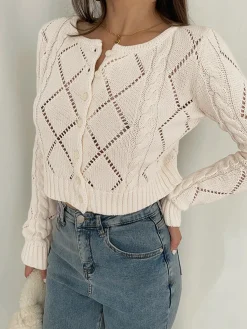 Hot Diamonds Eyelet Button Up Knit Top Cardigans|Sweaters & Cardigans