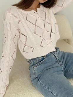Hot Diamonds Eyelet Button Up Knit Top Cardigans|Sweaters & Cardigans