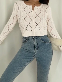 Hot Diamonds Eyelet Button Up Knit Top Cardigans|Sweaters & Cardigans