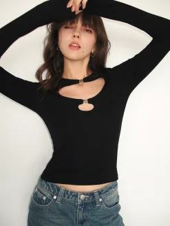 Discount Double Keyholes Long Sleeve Top T-shirts|Tops