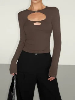 Discount Double Keyholes Long Sleeve Top T-shirts|Tops