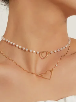 Discount Double Layer Pearl Heart Pendant Necklace Necklaces|Accessories