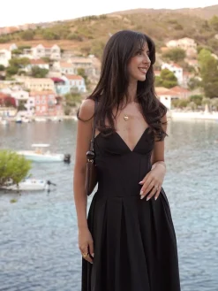 Double Pockets Pleated Zip Corset Tube Midi Dress Black Dresses|Cocktail & Party Dresses
