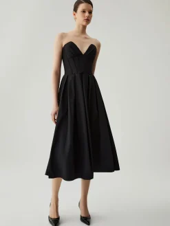 Double Pockets Pleated Zip Corset Tube Midi Dress Black Dresses|Cocktail & Party Dresses
