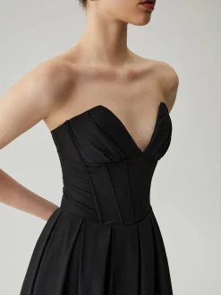 Double Pockets Pleated Zip Corset Tube Midi Dress Black Dresses|Cocktail & Party Dresses