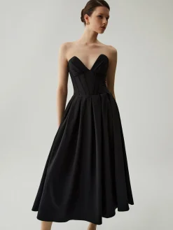 Double Pockets Pleated Zip Corset Tube Midi Dress Black Dresses|Cocktail & Party Dresses