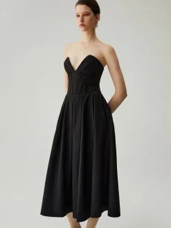 Double Pockets Pleated Zip Corset Tube Midi Dress Black Dresses|Cocktail & Party Dresses