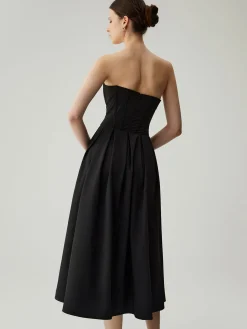 Double Pockets Pleated Zip Corset Tube Midi Dress Black Dresses|Cocktail & Party Dresses