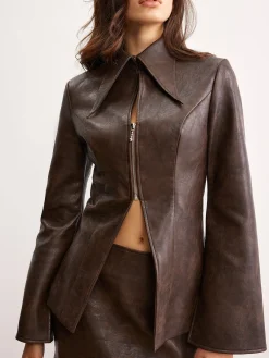 Clearance Double Zip Faux Leather Slit Jacket Outerwear|Jackets
