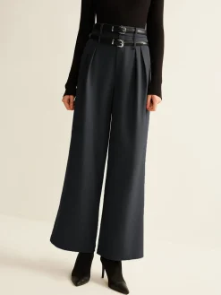 Double-Belt Pleated Straight Pants Wide Leg|Pants