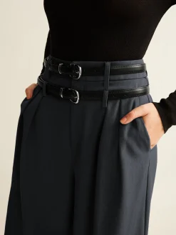 Double-Belt Pleated Straight Pants Wide Leg|Pants