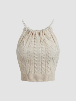 Drawstring Open Back Cable Knit Halter Crop Top Crop Tops|Tank Tops & Camis