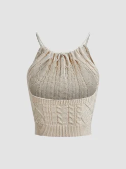 Drawstring Open Back Cable Knit Halter Crop Top Crop Tops|Tank Tops & Camis