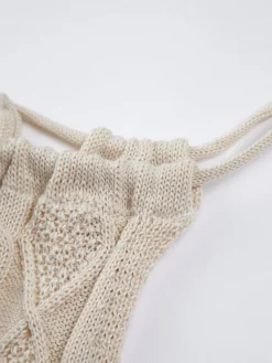 Drawstring Open Back Cable Knit Halter Crop Top Crop Tops|Tank Tops & Camis