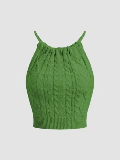 Drawstring Open Back Cable Knit Halter Crop Top Crop Tops|Tank Tops & Camis