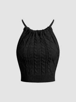 Drawstring Open Back Cable Knit Halter Crop Top Crop Tops|Tank Tops & Camis