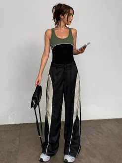 Drawstring Patchwork Baggy Pants Wide Leg|Pants