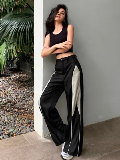 Drawstring Patchwork Baggy Pants Wide Leg|Pants