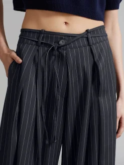 Outlet Drawstring Pinstripe Wide-Leg Pants Pants|Bottoms