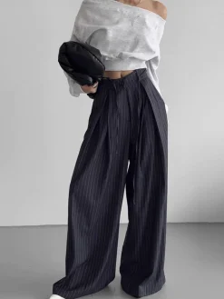Outlet Drawstring Pinstripe Wide-Leg Pants Pants|Bottoms