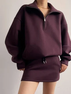 Online Drawstring Zipper Lapel Skirt Set Skirt Sets|Long Sleeve Sets