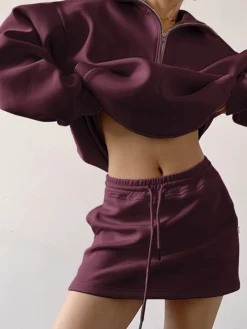 Online Drawstring Zipper Lapel Skirt Set Skirt Sets|Long Sleeve Sets