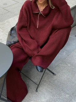 Online Drawstring Zipper Sweater Pants Set Pants Sets