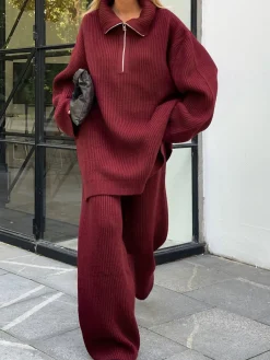 Online Drawstring Zipper Sweater Pants Set Pants Sets