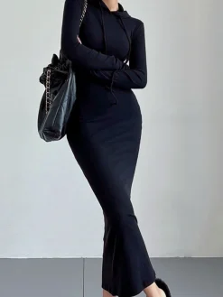 Discount Drop Shoulder Drawstring Hooded Dress Black Dresses|Sweater Dresses