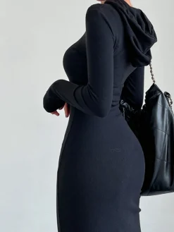 Discount Drop Shoulder Drawstring Hooded Dress Black Dresses|Sweater Dresses