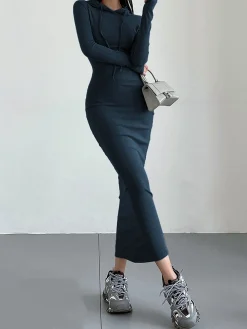 Discount Drop Shoulder Drawstring Hooded Dress Black Dresses|Sweater Dresses