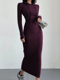 Discount Drop Shoulder Drawstring Hooded Dress Black Dresses|Sweater Dresses