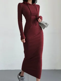 Discount Drop Shoulder Drawstring Hooded Dress Black Dresses|Sweater Dresses