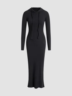 Discount Drop Shoulder Drawstring Hooded Dress Black Dresses|Sweater Dresses