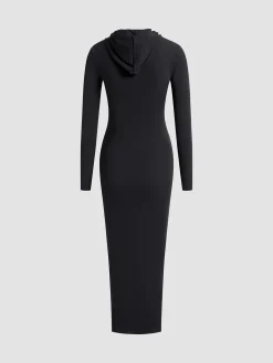 Discount Drop Shoulder Drawstring Hooded Dress Black Dresses|Sweater Dresses