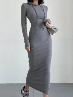 Discount Drop Shoulder Drawstring Hooded Dress Black Dresses|Sweater Dresses