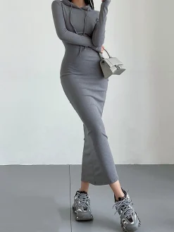Discount Drop Shoulder Drawstring Hooded Dress Black Dresses|Sweater Dresses