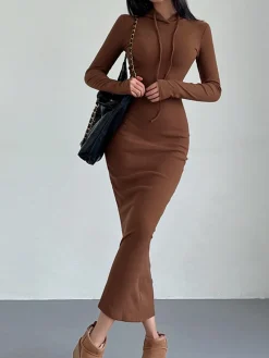 Discount Drop Shoulder Drawstring Hooded Dress Black Dresses|Sweater Dresses